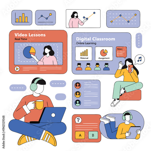 Diverse students interacting with digital education platforms illustration