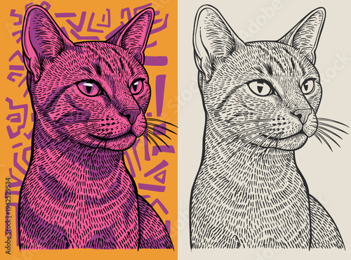 Modern Pop Art Cat Head with Engraving Line Art and Abstract Shapes. Vector Cat Illustration with Pink and Orange Groovy Aesthetic Background.