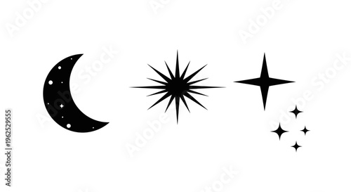 Black Celestial Icons Set with Moon and Stars