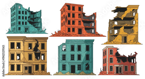 Ruined buildings set vector illustration destruction concept