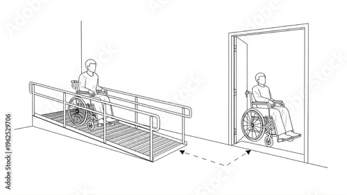 Wheelchair Accessibility CAD Figures – Disabled Person Using Ramp and Doorway, Technical AutoCAD Blueprint