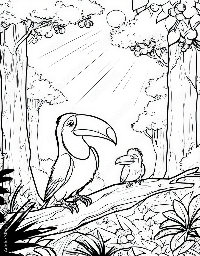 Obraz premium Adorable Toucan and Chick Perched on a Jungle Branch Coloring Page, Detailed Tropical Rainforest Scene with Exotic Trees and Sun Rays for Children Activity Books and Creative Nature Education Art
