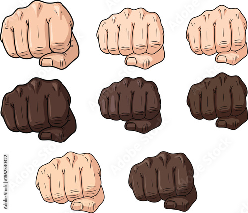 Diverse multi ethnic clenched fists set for human rights equality brotherhood and social justice power symbol protest
