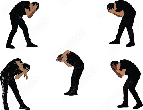 Depressed man silhouette set holding head in hands feeling stressed anxious or frustrated mental health concept vector illustration isolated on white
