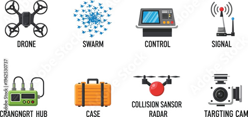 Collection of drone technology icons including swarm control signal case and targeting camera for aviation and surveillance concepts
