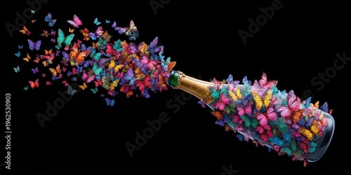 A champagne bottle uncorks a vibrant explosion of colorful butterflies against a stark black background, symbolizing a magical celebration of freedom and life.