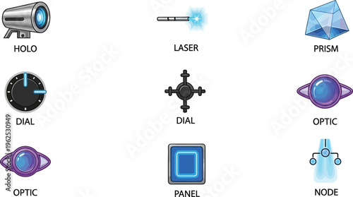 Collection of science and technology icons including holo projector laser prism dial optic and node symbols flat vector design for digital interfaces