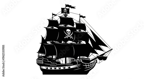 Black Pirate Ship Silhouette with Skull and Crossbones Flag