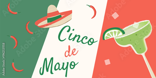 A brimmed hat, red chili pepper, and a margarita glass with lime and ice cubes.