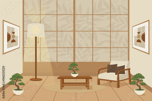 Japandi living room interior vector illustration with shoji screen and bonsai trees.