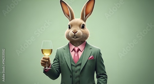 Rabbit in green suit holding wine glass pink shirt pink tie
