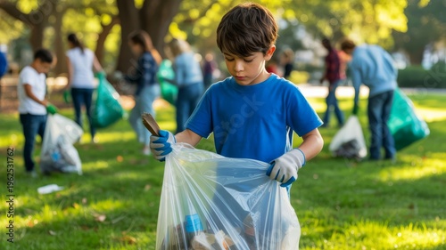 A young boy collects litter in a park during a community cleanup event, surrounded by other volunteers working together to improve the environment.