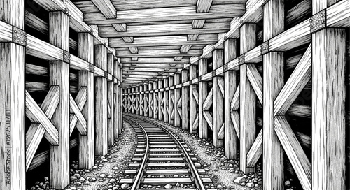 Monochrome Illustration of a Mine Shaft with Wooden Supports and Rails.