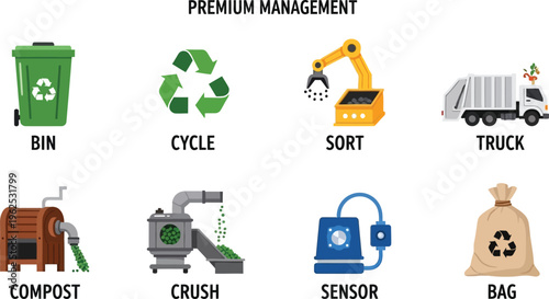 Recycling and waste management icons including bin cycle sort truck compost crush sensor and bag for environmental concepts and eco-friendly design