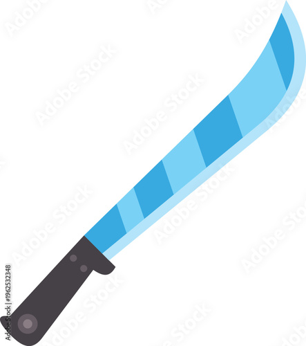Detailed illustration of a curved machete with a blue blade and black handle on white background