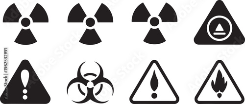 Warning signs, hazard symbols, biohazard icons, radiation and danger signs, vector graphics