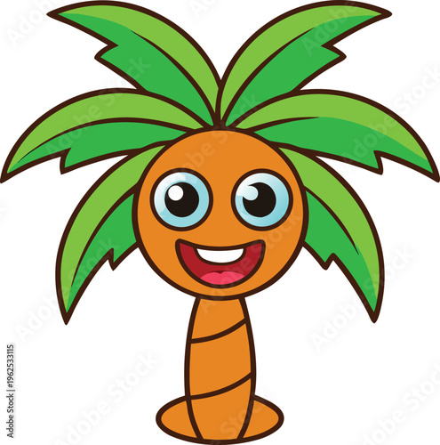 Happy cartoon sun character with green rays and smiling face wearing a brown shirt smile