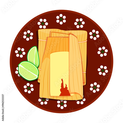 Traditional Mexican Tamales with Lime on plate Illustration for Cinco de Mayo
