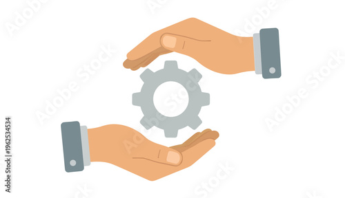 Business management concept with hands protecting mechanical gear system symbol