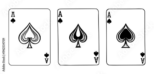 Playing card set with striking Ace of Spades design featuring ornate motifs, black and white line art, vintage iconography with spade symbol and royal chip