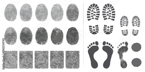 Monochrome collection of detailed human fingerprints barefoot prints and boot sole track marks