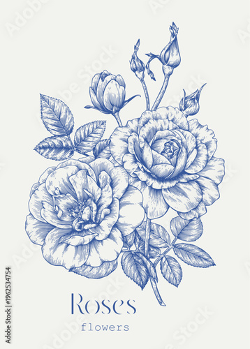 Vintage Bouquet flowers of Roses, buds. Toile art Vector Illustration for design greeting card, wedding decor, invitation, gift, birthday, holiday. Detaled Hand drawn engraved elements. Blue beige