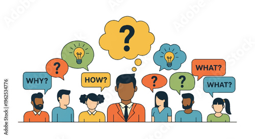 Diverse group with question marks and ideas in thought bubbles