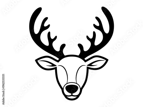 A very majestic black and white illustration of a deer head with black antlers