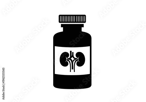 A perfect black silhouette of a medicine bottle with perfect looking kidney silhouette illustration on label