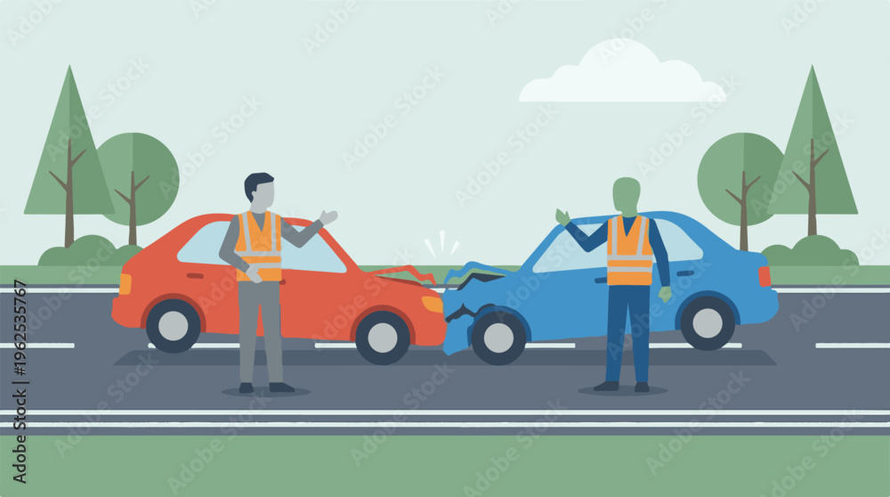 Fototapeta premium Car accident with two drivers in safety vests discussing on road