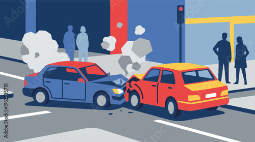 Car accident illustration with two damaged vehicles and bystanders