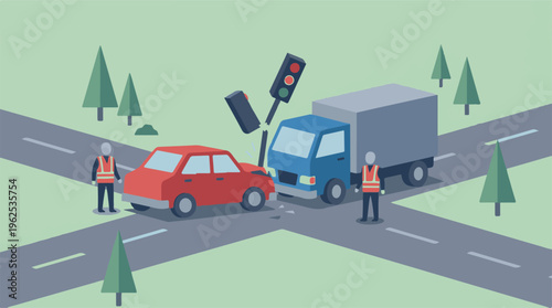 Road traffic accident with car and truck collision at intersection