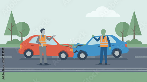 Car accident with two drivers in safety vests discussing on road