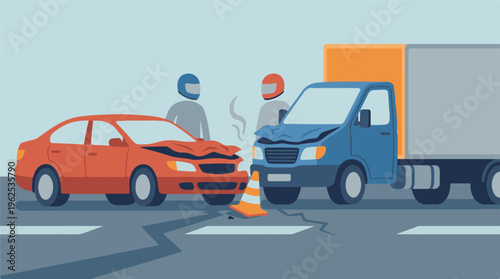 Car and Truck Collision on Road with Damaged Vehicles Illustration