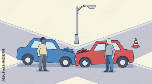 Illustration of a car accident at an intersection with two drivers present