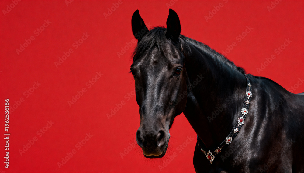 Fototapeta premium black horse front portrait upper body visible centered composition calm powerful expression sleek muscular coat with glossy highlights wellgroomed healthy appearance clean studio