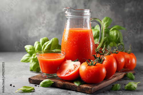 Fresh tomato juice is served with ripe tomatoes and basil on a table