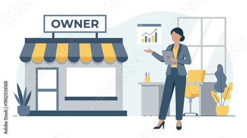 Female business owner managing a small shop with growth analytics data
