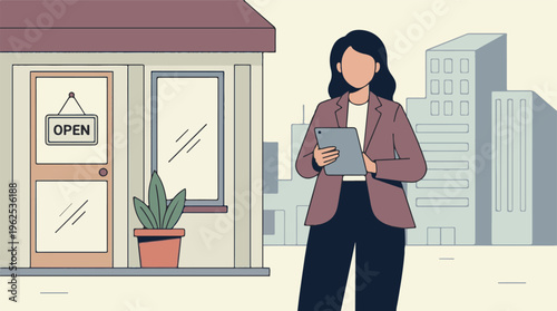 Businesswoman using digital tablet outside storefront in urban setting