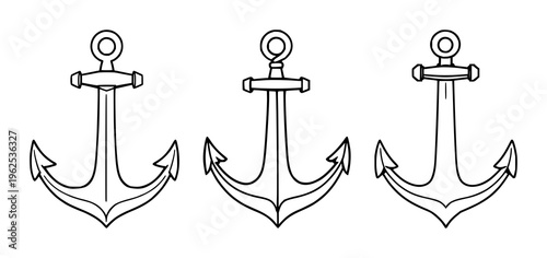 Anchor nautical icon set with maritime theme and simple line art style featuring nautical symbols, ship helm, sailor instruments with maritime and oceanic