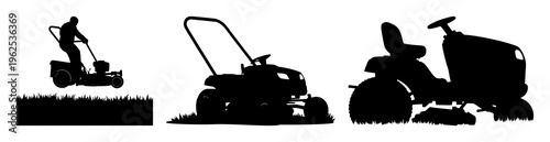 Lawn mower set with silhouette line art design featuring detailed grass, blade, wheels with mechanical and outdoor gardening equipment