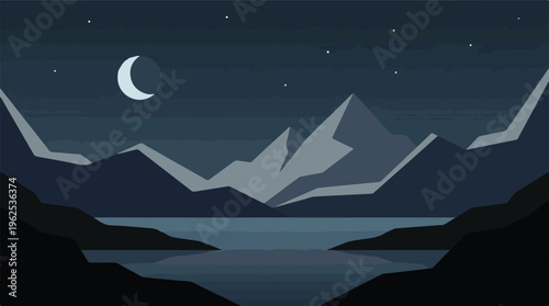 Minimalist night landscape illustration with mountains, lake and moon