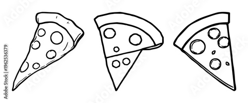 Pizza slice icon set with simple line art design featuring pizza, icon, food with slice and crispy toppings, pepperoni and cheese