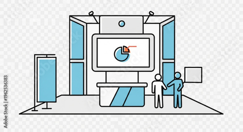 Trade Show Booth with People and Display Screen.