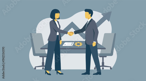 Business professionals handshake over contract with growth arrow background.