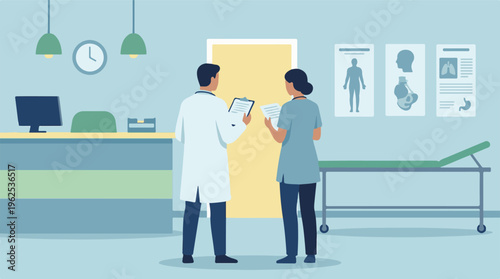 Healthcare professionals reviewing medical charts in a modern clinic setting
