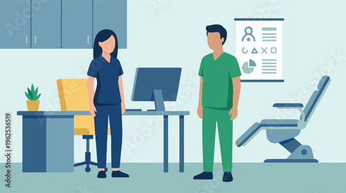 Medical staff in scrubs standing in a modern clinic with office equipment