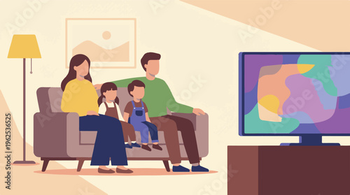 Family relaxing on sofa watching television together in living room