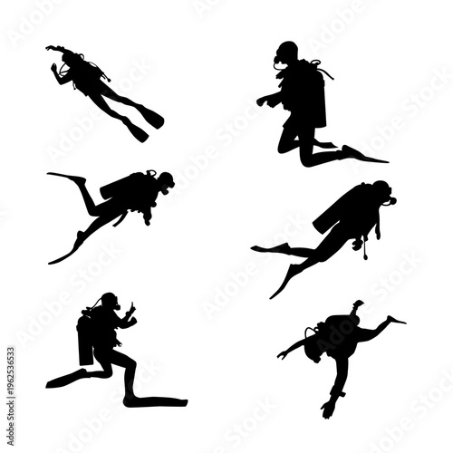 Scuba Diving Silhouette Icon Set Underwater Marine Adventure Collection