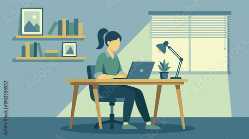 Woman working on laptop in a modern home office with bookshelves